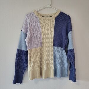 Colorblock Cable Knit Crewneck Sweater - Cream & Blue Patchwork